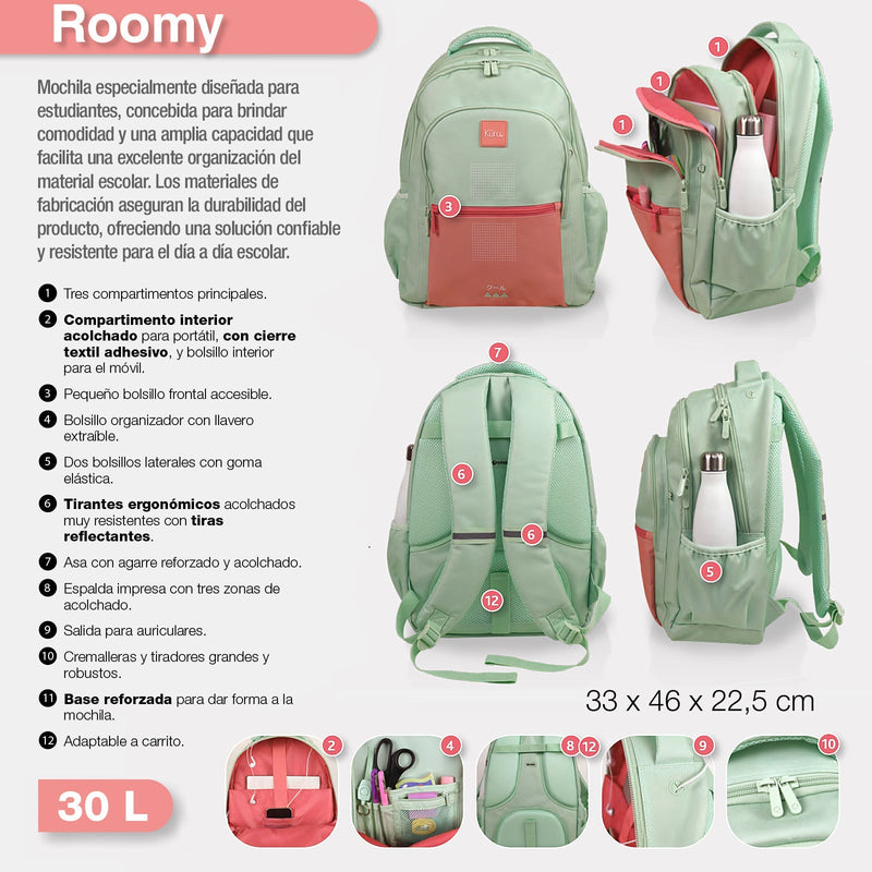 Grafoplás - Mochila Escolar 3 Cremalleras con Divisor para Portátil. Adaptable Carrito