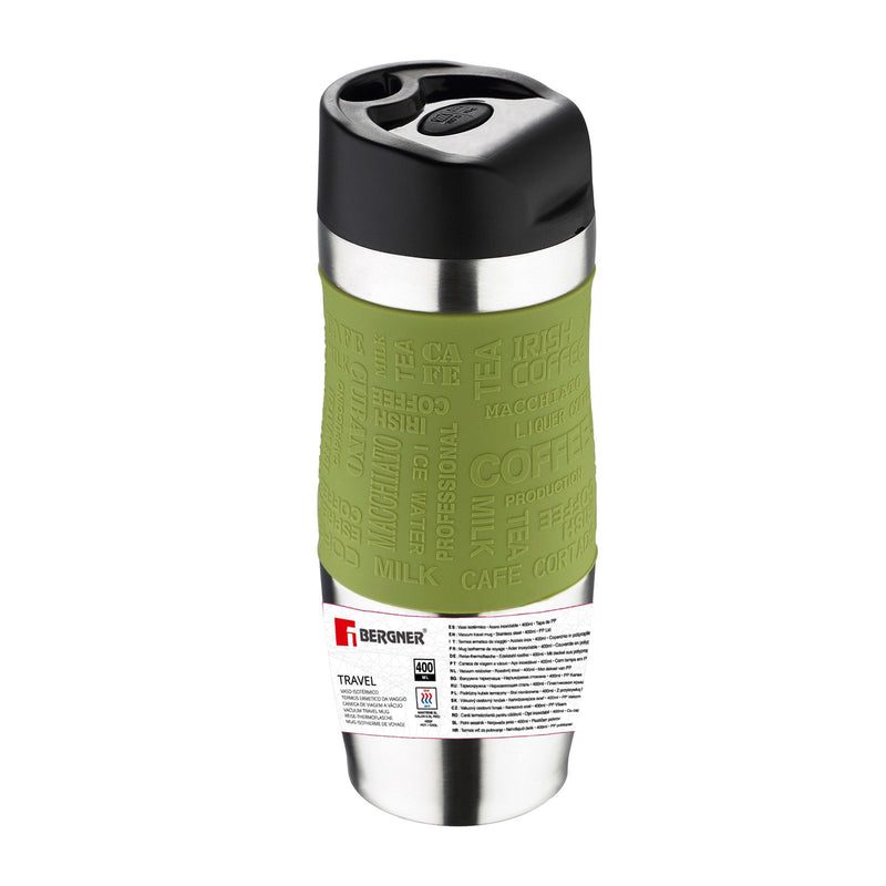 BERGNER - Taza de Viaje Térmica 400 ml en Acero Inoxidable y Silicona. Verde