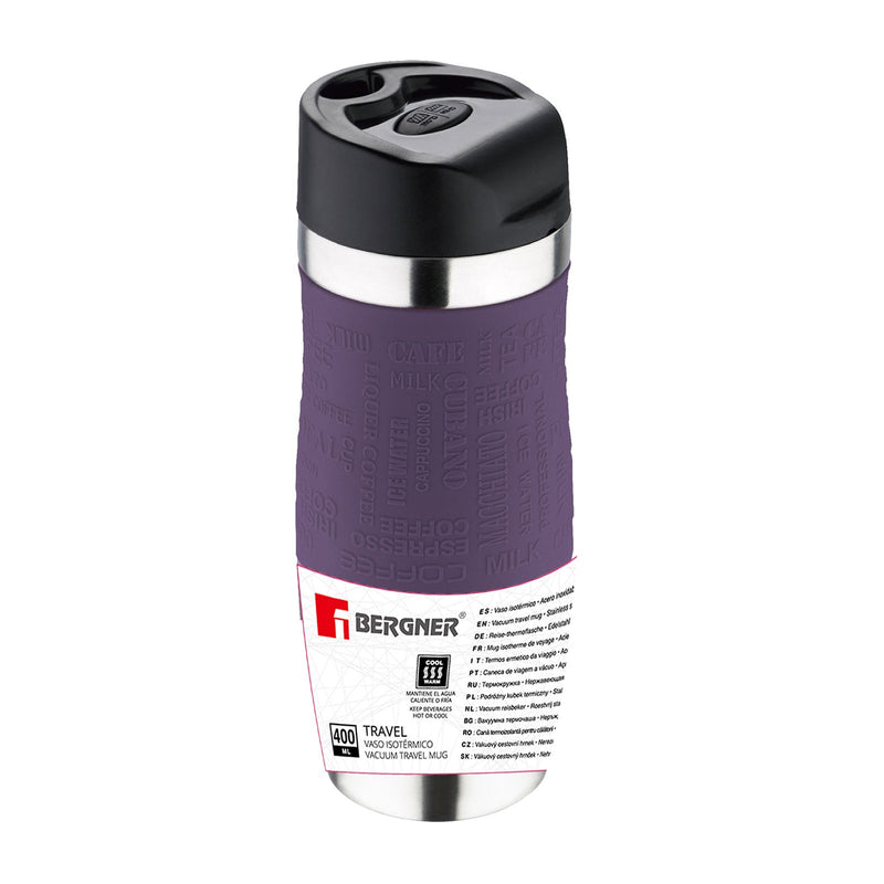 BERGNER - Taza de Viaje Térmica 400 ml en Acero Inoxidable y Silicona. Morado
