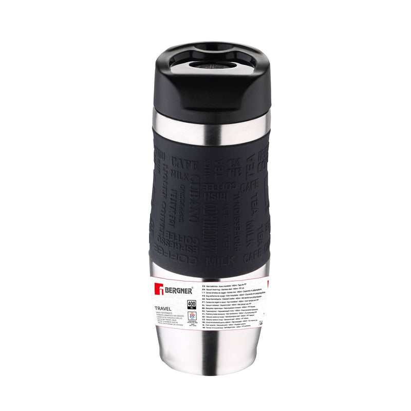 BERGNER - Taza de Viaje Térmica 400 ml en Acero Inoxidable y Silicona. Negro