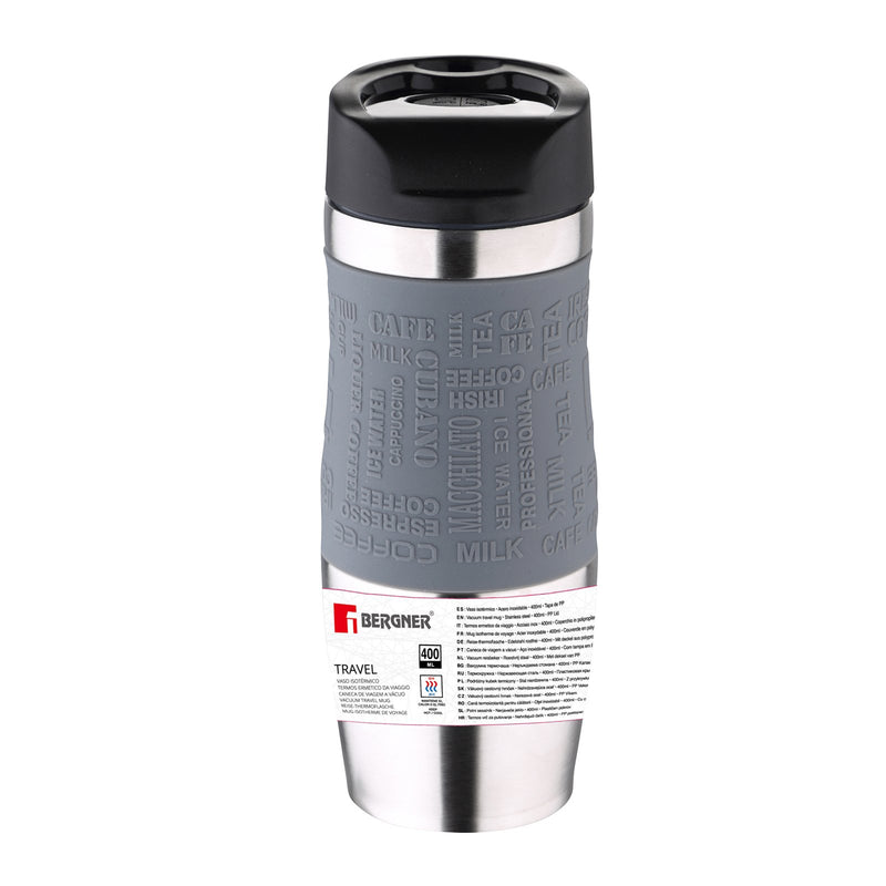 BERGNER - Taza de Viaje Térmica 400 ml en Acero Inoxidable y Silicona. Gris