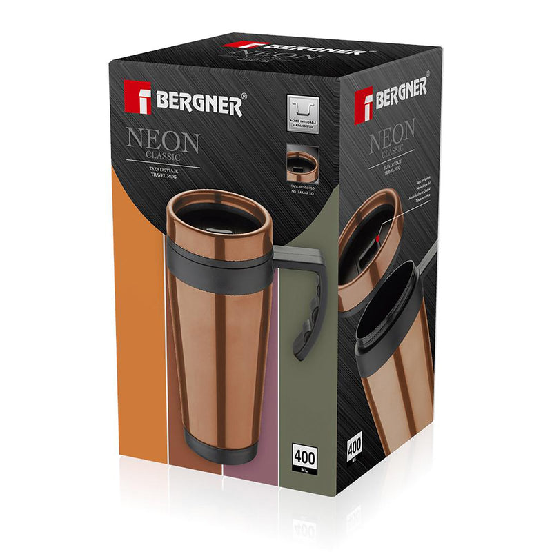 BERGNER Neon Classic - Taza de Viaje 400 ml en Acero Inoxidable con Asa. Cobre