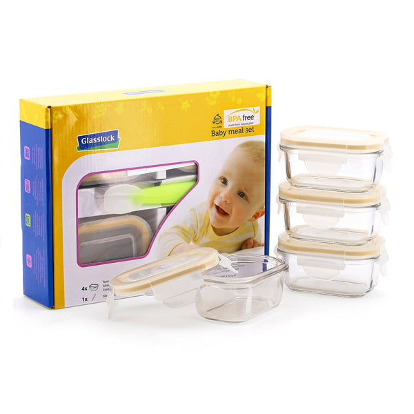 Glasslock Baby - Set de 4 Recipientes Herméticos Rectangulares 150 ml Vidrio y Cuchara Silicona