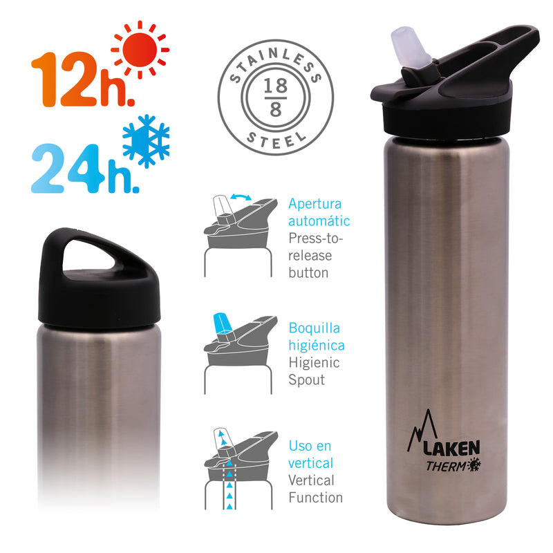 LAKEN Jannu - Botella Térmica con Boquilla 0.35L en Acero Inoxidable. Plata