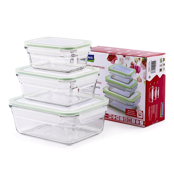 Glasslock GL-529 - Set de 3 Recipientes Rectangulares Vidrio Templado Oven Safe
