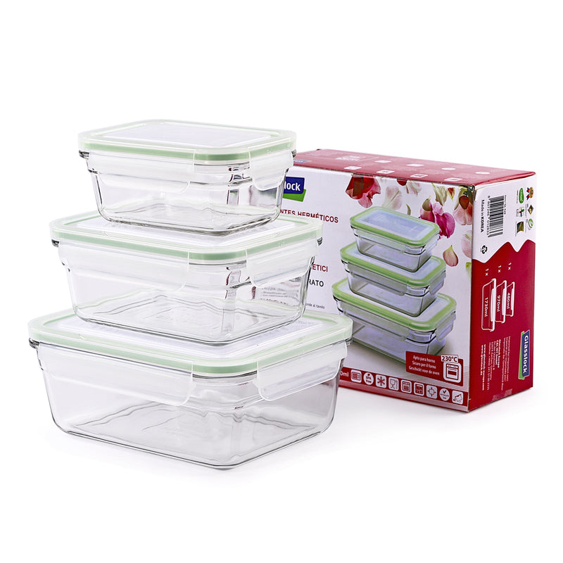 Glasslock GL-529 - Set de 3 Recipientes Rectangulares Vidrio Templado Oven Safe