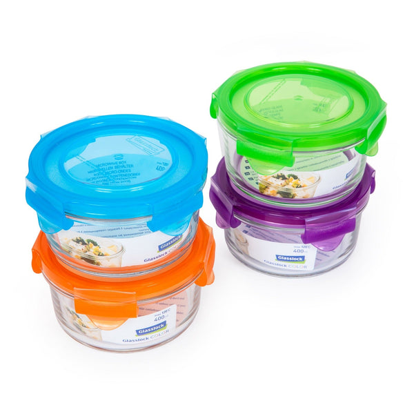 Glasslock Classic - Pack 4 Recipientes Herméticos Redondos, Apto Microondas, 400 ml. 4 Colores