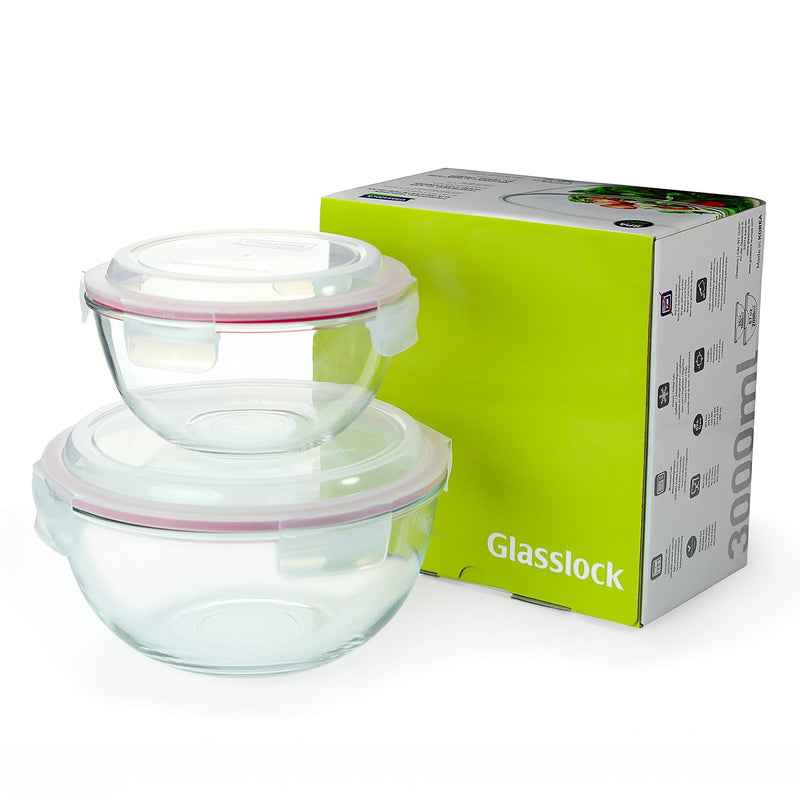 Conjunto de 2 Ensaladeras con Tapa Hermética en Vidrio Sódico-Cálcico. 1L+2L