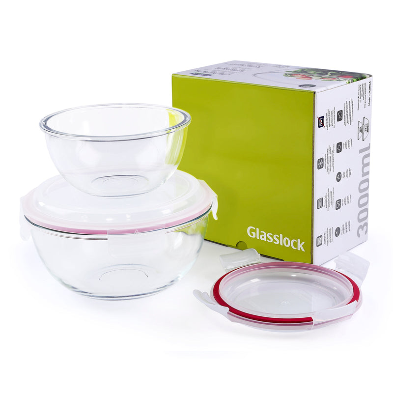 Conjunto de 2 Ensaladeras con Tapa Hermética en Vidrio Sódico-Cálcico. 1L+2L