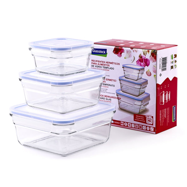 Glasslock GL-530 - Set de 3 Recipientes Cuadrados Vidrio Templado Oven Safe