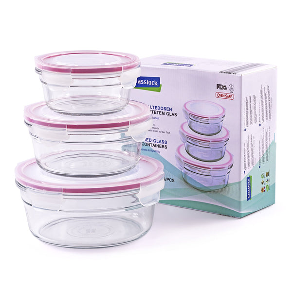 Glasslock GL-531 - Set de 3 Recipientes Redondos Vidrio Templado Oven Safe