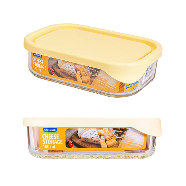 Glasslock Cheese - Recipiente Rectangular en Vidrio para Quesos y Embutidos, 480 ml