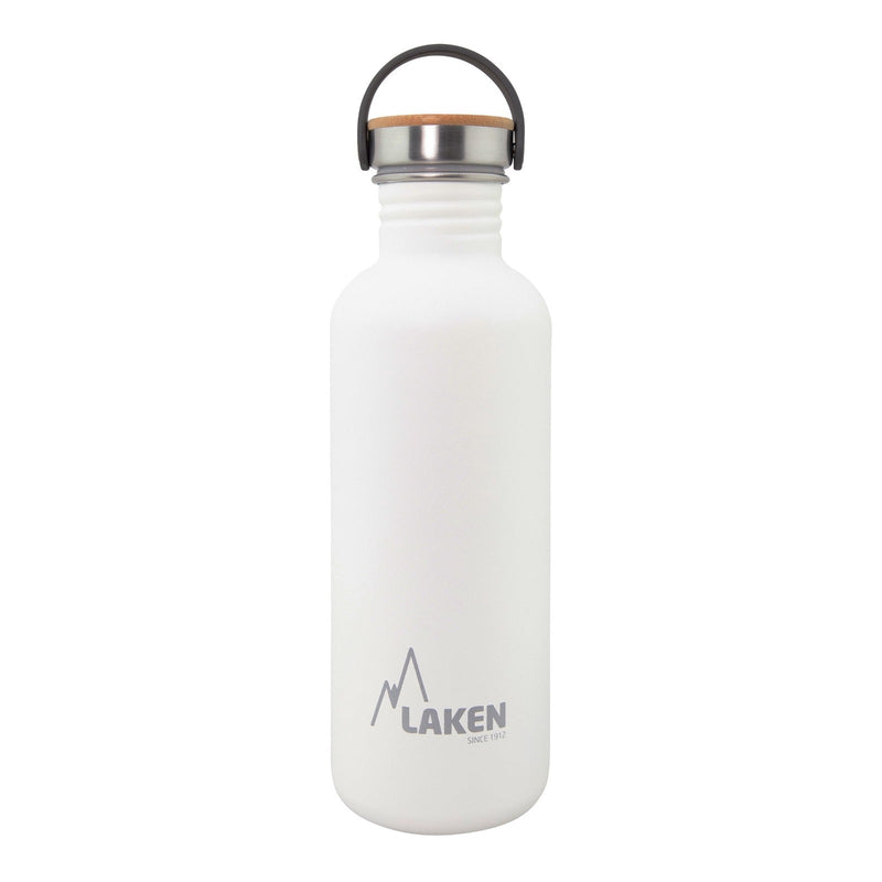 LAKEN Basic Steel Bambú - Botella de Agua 1L en Acero Inoxidable con Asa. Blanco