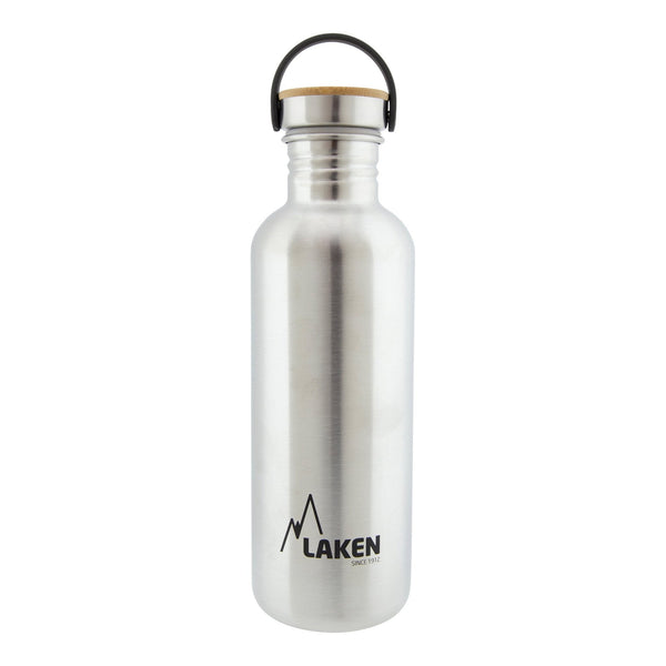 LAKEN Basic Steel Bambú - Botella de Agua 1L en Acero Inoxidable con Asa. Plata