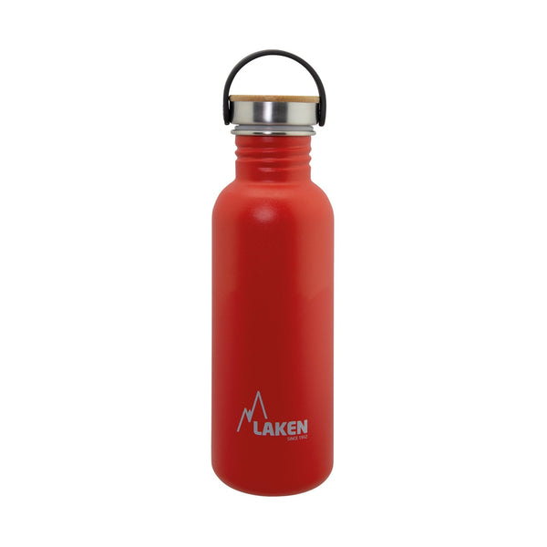 LAKEN Basic Steel Bambú - Botella de Agua 0.75L en Acero Inoxidable con Asa. Rojo