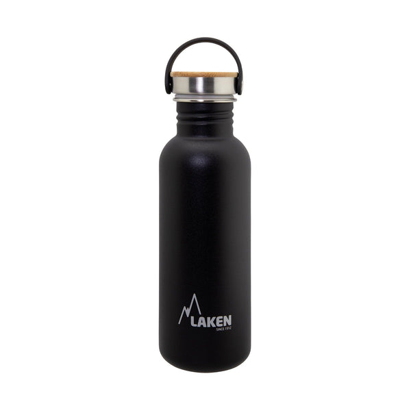 LAKEN Basic Steel Bambú - Botella de Agua 0.75L en Acero Inoxidable con Asa. Negro