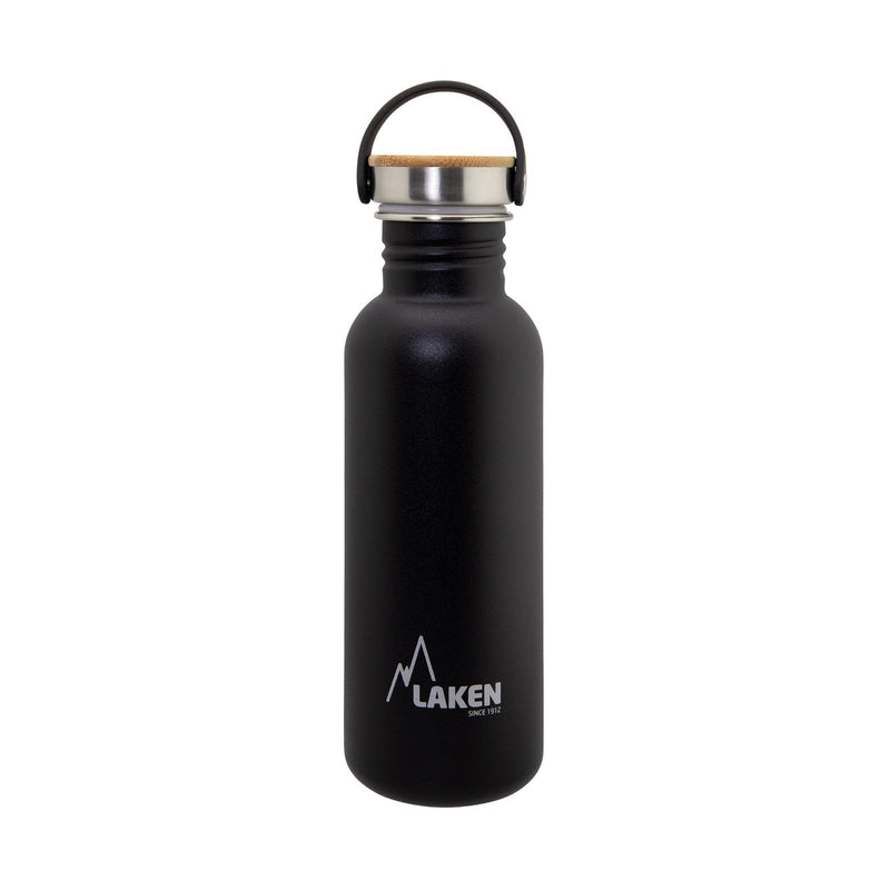 LAKEN Basic Steel Bambú - Botella de Agua 0.75L en Acero Inoxidable con Asa. Negro