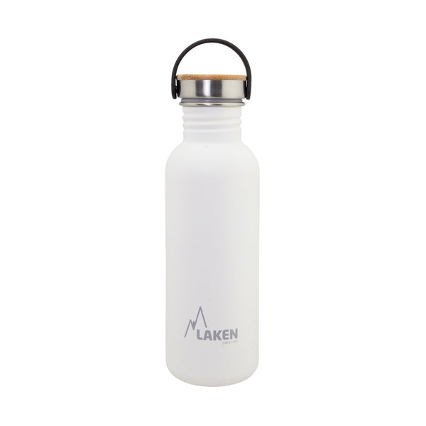 LAKEN Basic Steel Bambú - Botella de Agua 0.75L en Acero Inoxidable con Asa. Blanco