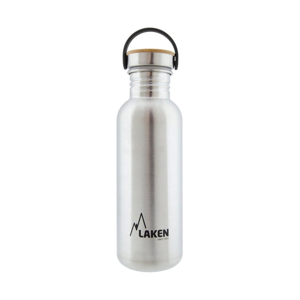 LAKEN Basic Steel Bambú - Botella de Agua 0.75L en Acero Inoxidable con Asa. Plata