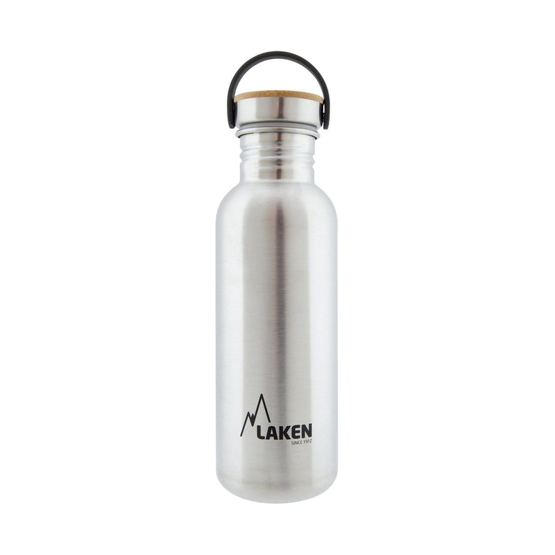 LAKEN Basic Steel Bambú - Botella de Agua 0.75L en Acero Inoxidable con Asa. Plata
