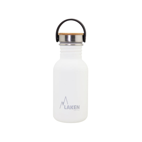 LAKEN Basic Steel Bambú - Botella de Agua 0.5L en Acero Inoxidable con Asa. Blanco