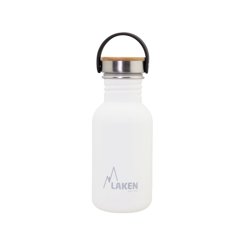 LAKEN Basic Steel Bambú - Botella de Agua 0.5L en Acero Inoxidable con Asa. Blanco