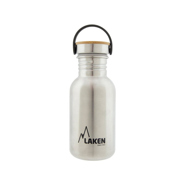 LAKEN Basic Steel Bambú - Botella de Agua 0.5L en Acero Inoxidable con Asa. Plata