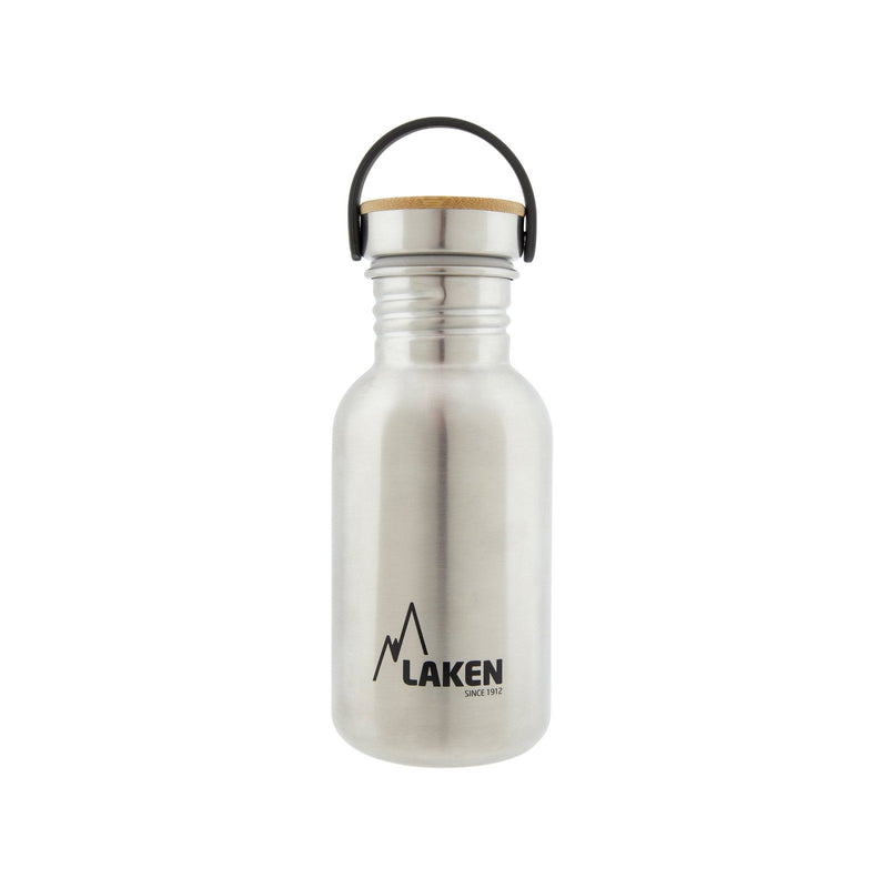 LAKEN Basic Steel Bambú - Botella de Agua 0.5L en Acero Inoxidable con Asa. Plata