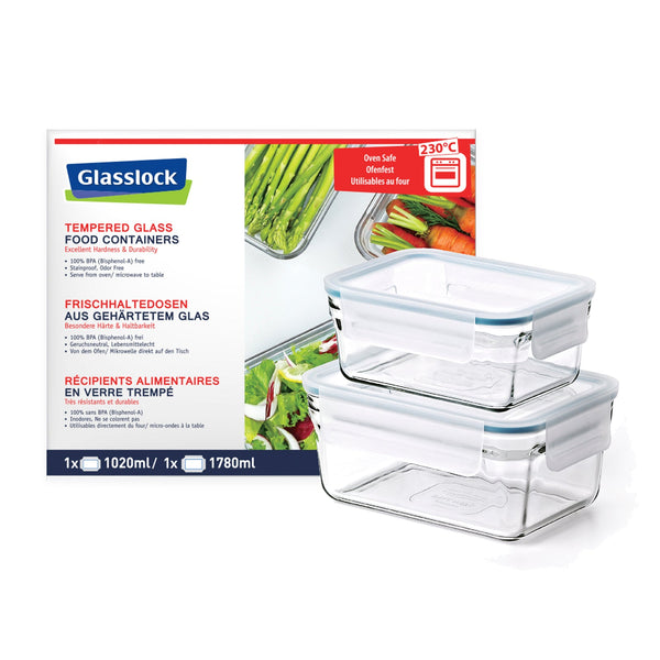 Glasslock Oven - Lote de 2 Recipientes Rectangulares en Vidrio Templado, Aptos Horno