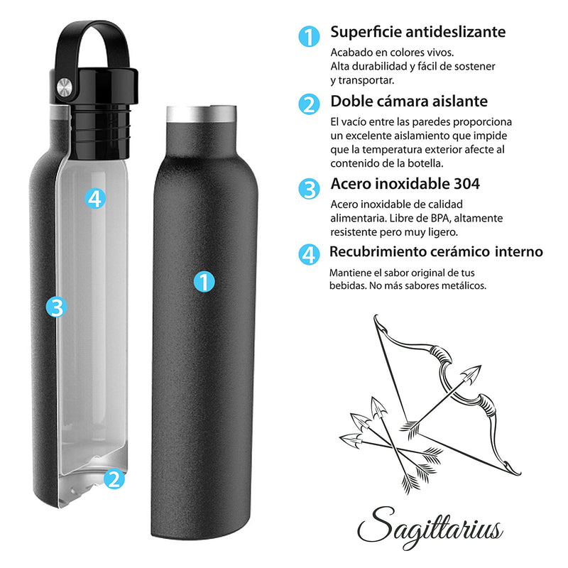 Runbott Zodiac - Botella Térmica Sport de 0.6L con Interior Cerámico. Sagitario Antracita