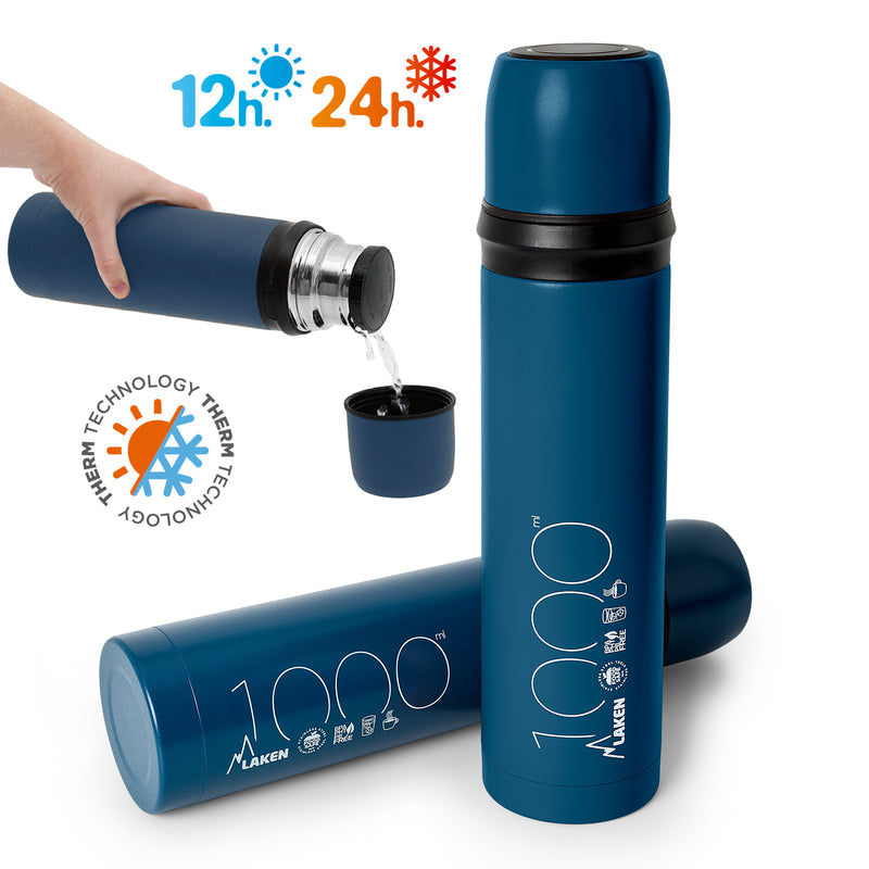 LAKEN 180010A - Termo para Líquidos en Acero Inoxidable 1L con Tapón Vaso. Azul