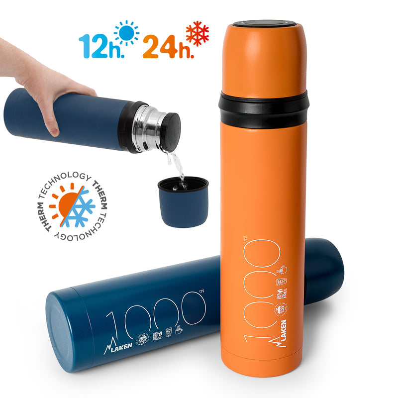 LAKEN - Termo para Líquidos 1L en Acero Inoxidable con Tapón Vaso. Naranja