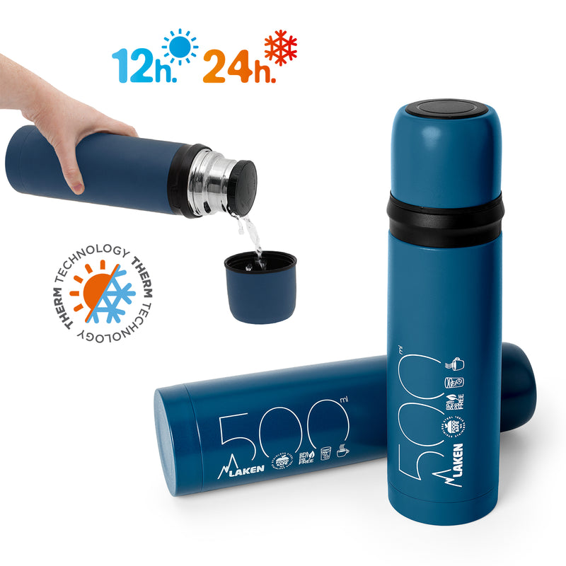 LAKEN - Termo para Líquidos 0.5L en Acero Inoxidable con Tapón Vaso. Azul
