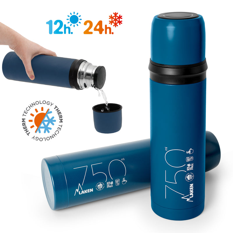 LAKEN - Termo para Líquidos 0.75L en Acero Inoxidable con Tapón Vaso. Azul