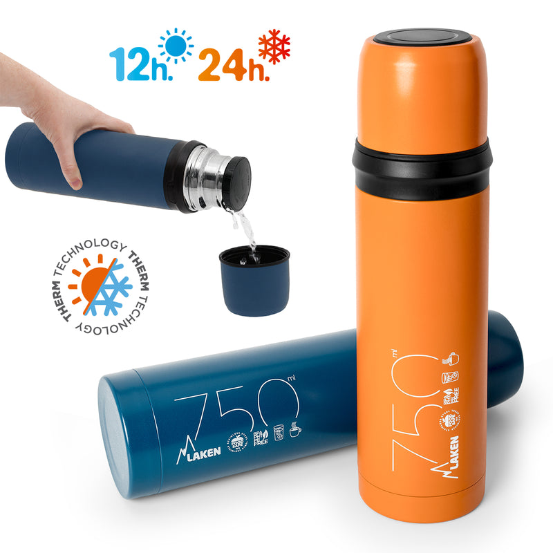 LAKEN - Termo para Líquidos 0.75L en Acero Inoxidable con Tapón Vaso. Naranja