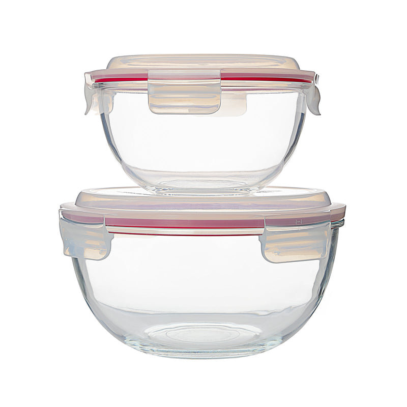Conjunto de 2 Ensaladeras con Tapa Hermética en Vidrio Sódico-Cálcico. 1L+2L
