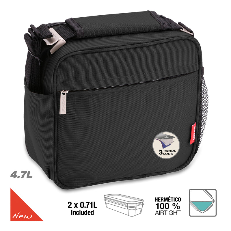 Bolsa Térmica Compact Negra con 2 Tápers de 715ml en Vidrio Templado