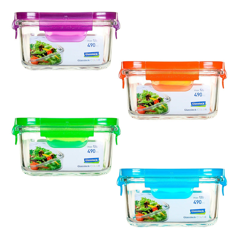 Pack 4 Recipientes Herméticos Glasslock Classic Microondas 490ml. 4 Colores
