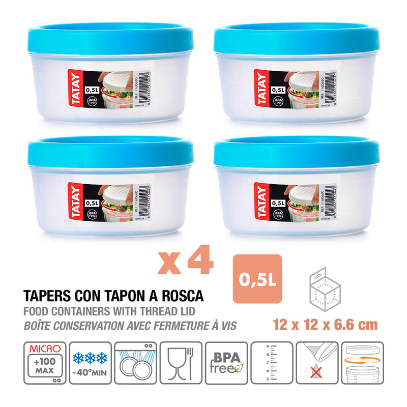 TATAY Twist - Lote de 4 Recipientes Redondos 0.5L con Cierre Hermético a Rosca