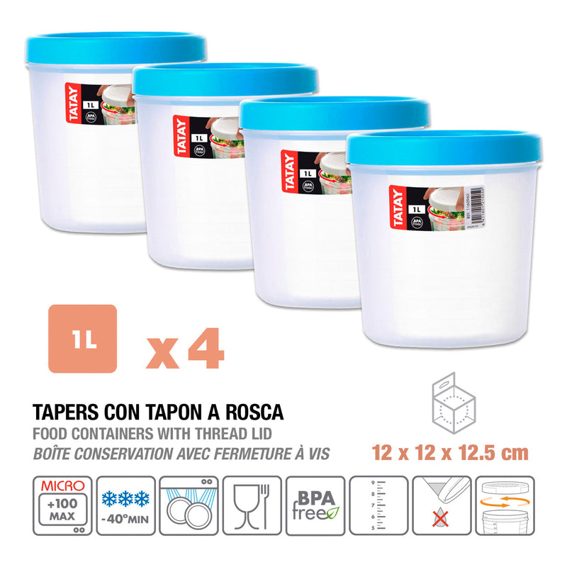 TATAY Twist - Lote de 4 Recipientes Redondos 1L con Cierre Hermético a Rosca