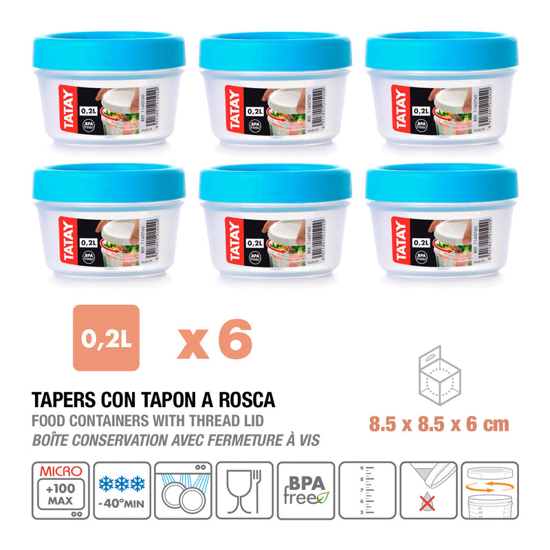 TATAY Twist - Lote de 6 Recipientes Redondos 0.2L con Cierre Hermético a Rosca