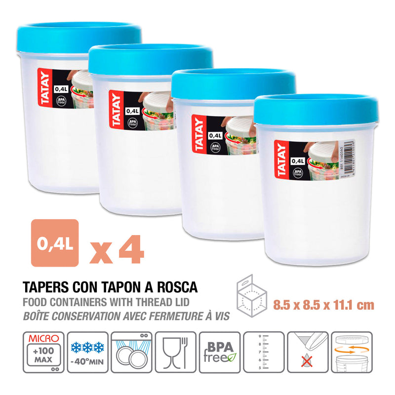 TATAY Twist - Lote de 4 Recipientes Redondos 0.4L con Cierre Hermético a Rosca