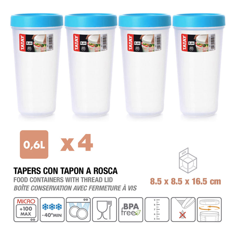 TATAY Twist - Lote de 4 Recipientes Redondos 0.6L con Cierre Hermético a Rosca