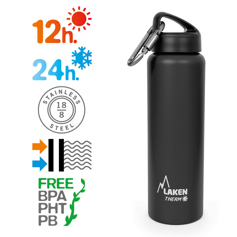 LAKEN Classic - Botella Térmica de Boca Ancha 1L en Acero Inoxidable. Negro