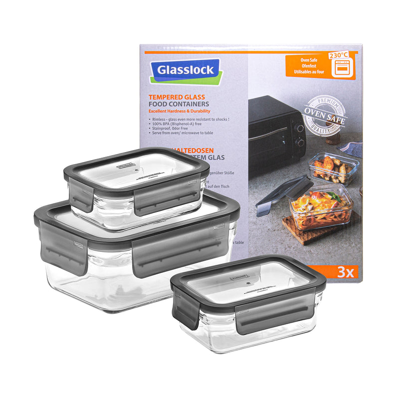 Glasslock Oven Smart - Lote de 3 Recipientes Rectangulares en Vidrio Templado, Aptos Horno