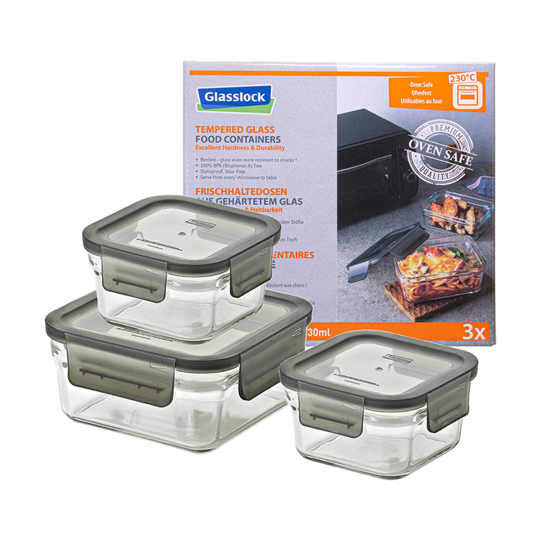 Glasslock Oven Smart - Lote de 3 Recipientes Cuadrados en Vidrio Templado, Aptos Horno