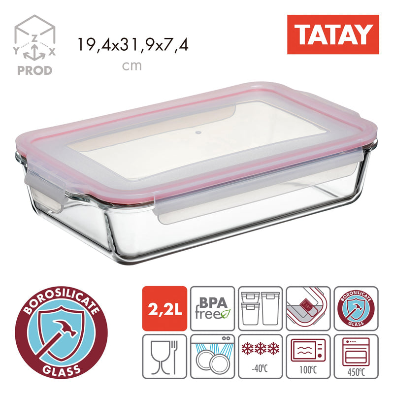 TATAY Cook & Eat - Recipiente Hermético Rectangular de 2.2L en Vidrio Apto Horno