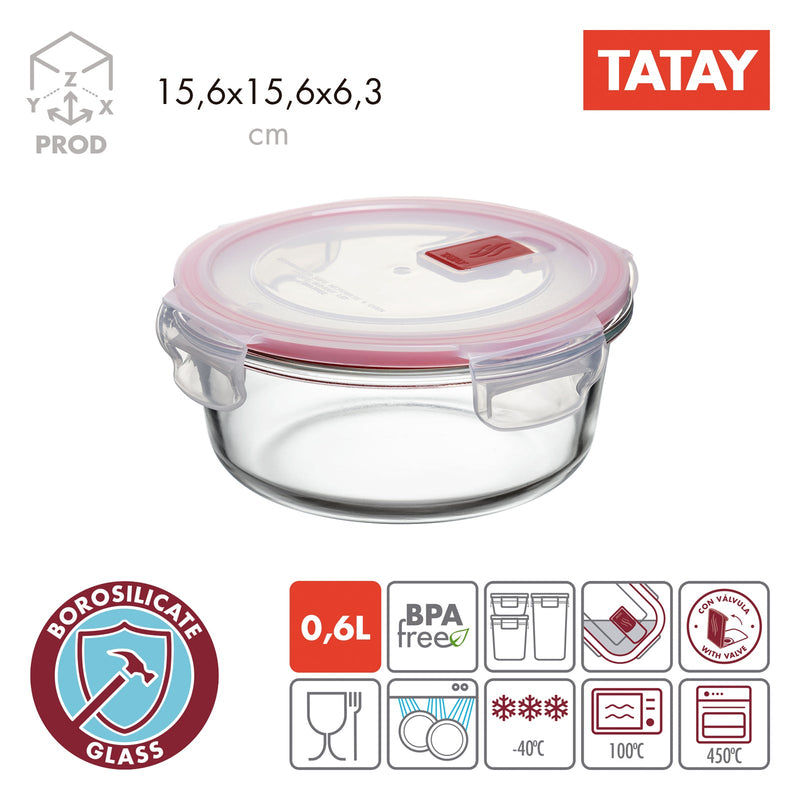 TATAY Cook & Eat - Recipiente Hermético Redondo de 0.6L en Vidrio Apto Horno