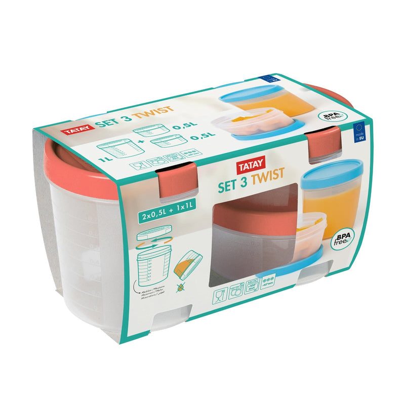 Pack 2+1 Tatay Contenedor Redondo con Rosca Twist 0.5L + 1L Coral