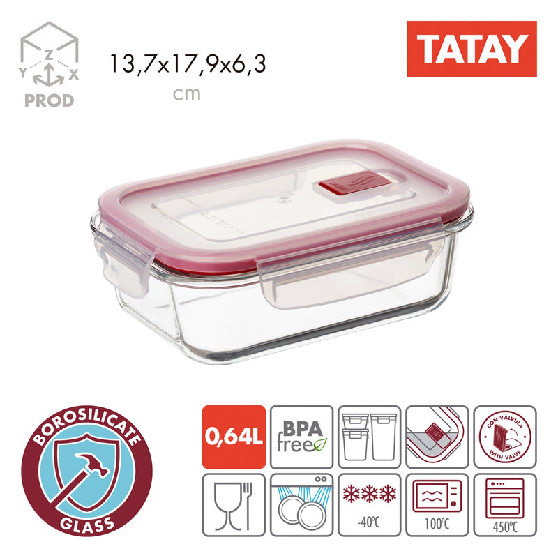 TATAY Cook & Eat - Recipiente Hermético Rectangular de 0.64L en Vidrio Apto Horno